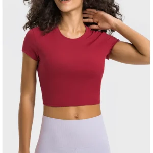 LuluTop Women Gym Shirts Yoga Striped Rib T-shirt Short Sleeve Top Sport Fitness Sportswear Stretch Breathable Women's Blouse 1