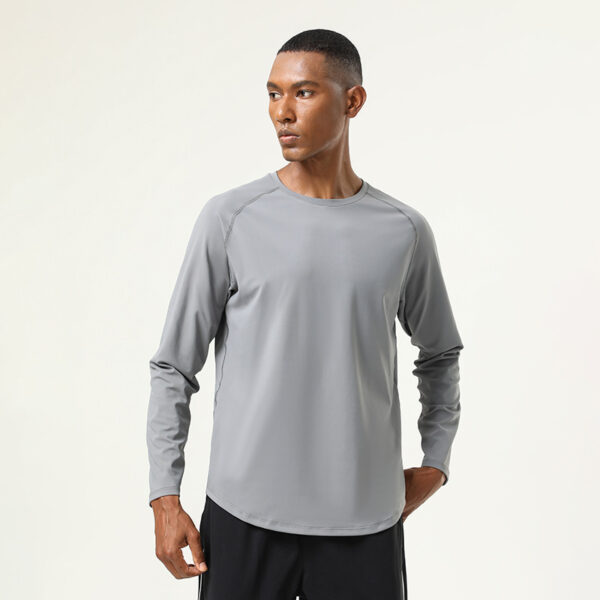 High elastic nude sports fitness clothes tops men autumn and winter running solid color round neck quick-drying long-sleeved T-shirt