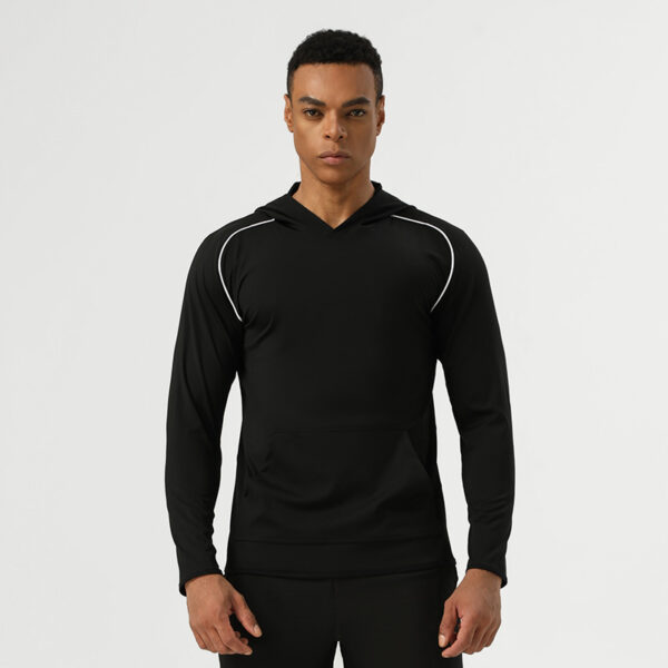 Nylon sports sweatshirt hoodie with pockets for men high elastic contrast color running training fitness clothes long sleeves